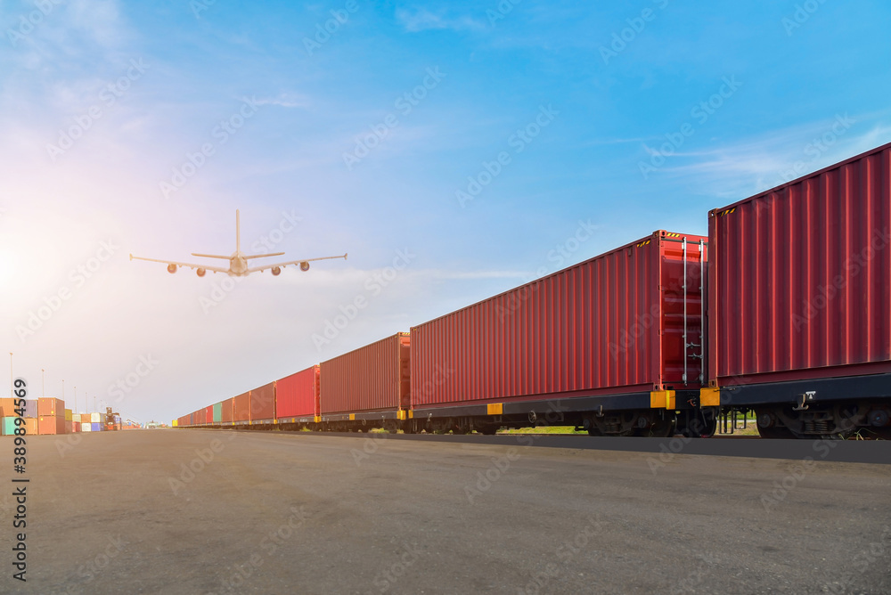 Φωτογραφία Container cargo on train, Logistics and transportation of containers, Cargo ship with crane bridge, import, export industry and transport container by truck, ship mooring in the port