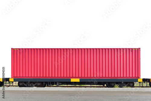 Red Cargo train platform with freight train Containers on white background.