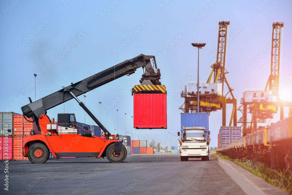 Container transport truck in port, and Cargo Container on train platform Container transport truck in port, and Cargo Container on train platform