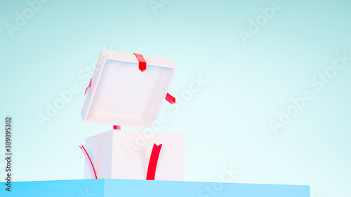 3D illustration rendering. A white box and the red ribbon on the blue podium. The empty box opening. A simple white gift box.