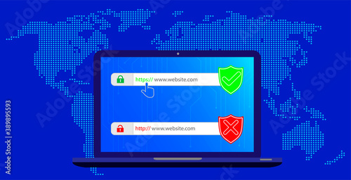 http and https protocols on shield. Safe and Secure https. Secured ssl shield and padlock symbols. http and https protocols on shield on laptop screen. 