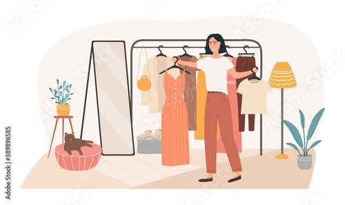 Cute girl chooses clothes from the hanger. Confusion young woman in dressing room. Trendy beautiful girl makes a difficult choice. The problem of choice. Flat Cartoon Vector Illustration