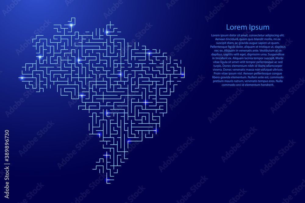 Brazil map from blue pattern of the maze grid and glowing space stars grid. Vector illustration.