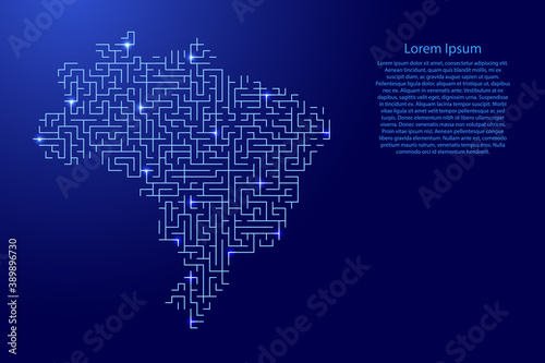 Brazil map from blue pattern of the maze grid and glowing space stars grid. Vector illustration.