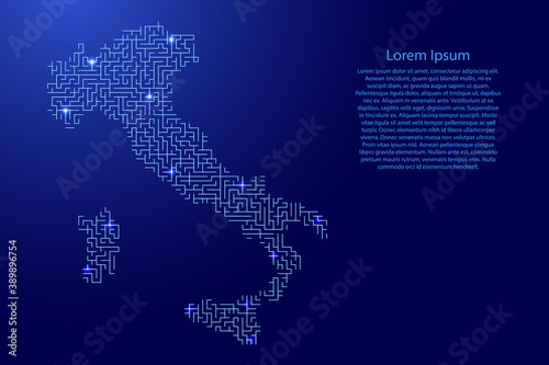 Italy map from blue pattern of the maze grid and glowing space stars grid. Vector illustration.