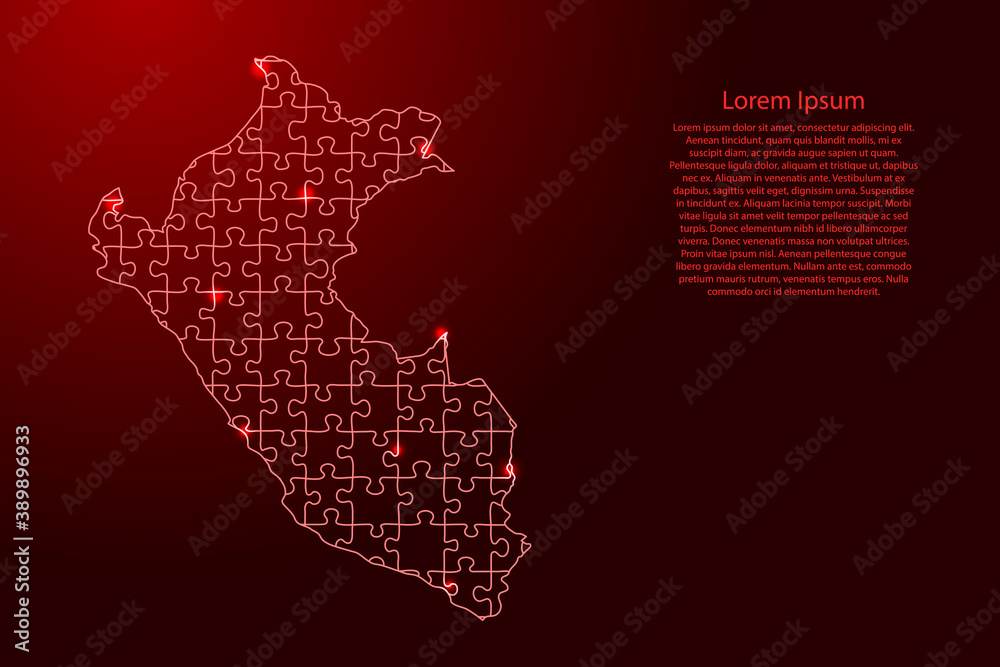 Peru map from puzzles red line and glowing space stars parts mosaic grid. Vector illustration.