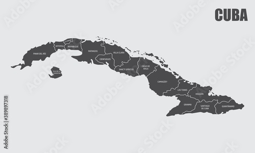 The Cuba map divided in provinces with labels