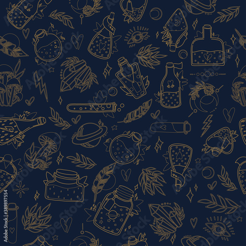 Mystical vector seamless pattern with hand-drawn magical and occult illustrations. Magic elements: snake, potion and crystals. Graphic background in vintage style. Gold elements on dark background