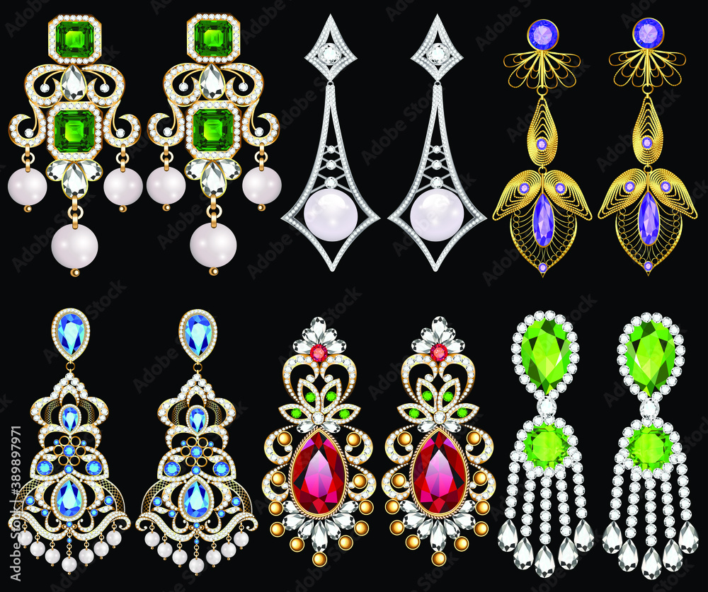 Illustration set of jewelry gold earrings with chains and precious stones