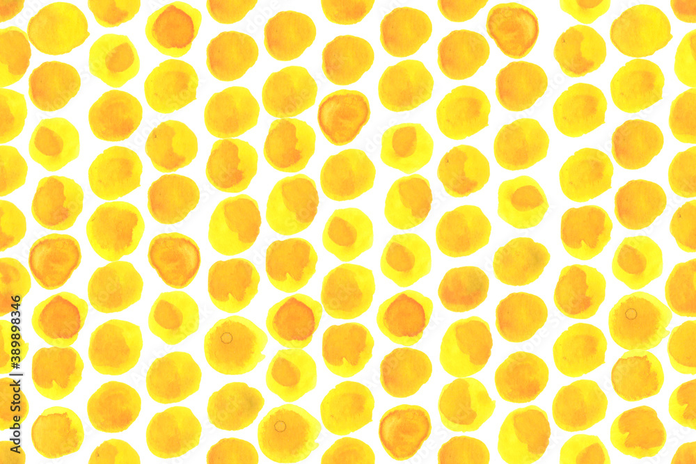 Watercolor seamless yellow and orange polka dot background. Pattern with yellow polka dots for scrapbooks, wedding, party or baby shower invitations. 
