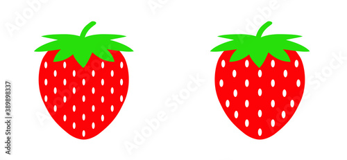 Fruits. Ripe, fresh strawberry with leaves sign. Garden strawberry fruit or strawberries. Flat vector food signs. 