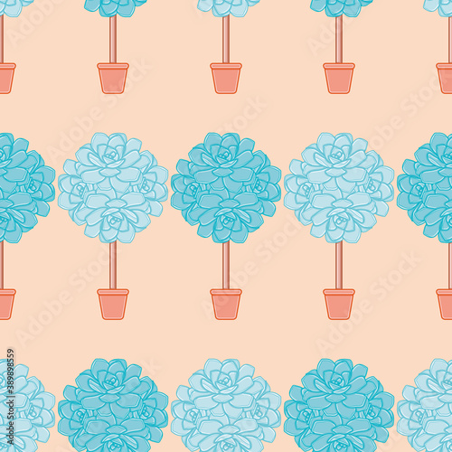 Succulent topiary vector repeat pattern. Tree in a pot seamless illustration background.