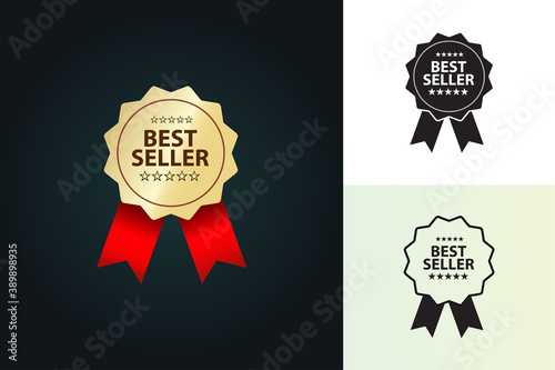 best seller badge with stars and ribbon vector illustration, symbol, icon, 