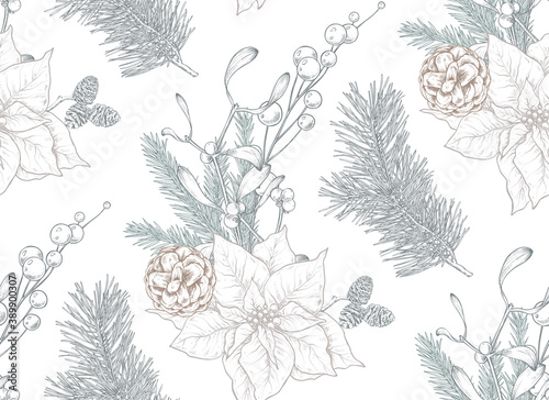 Vector seamless pattern with Christmas floral elements, plants, branches, pine cones.