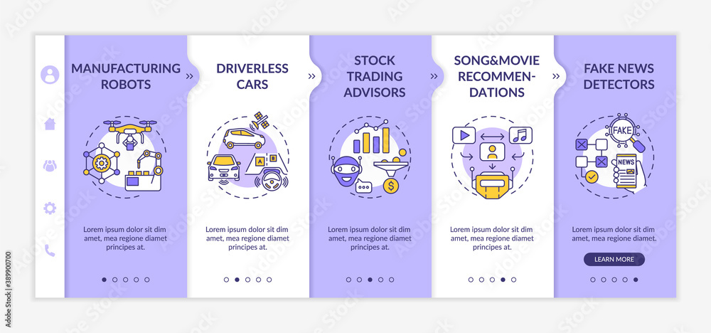 AI application 2 onboarding vector template. Manufacturing smart robots and drones. Driverless cars. Responsive mobile website with icons. Webpage walkthrough step screens. RGB color concept