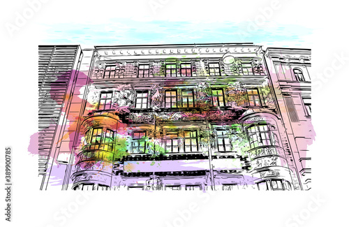 Building view with landmark of Brno is a city in the Czech Republic. Watercolor splash with hand drawn sketch illustration in vector.