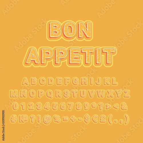 Bon appetit vintage 3d vector alphabet set. Retro bold font, typeface. Pop art stylized lettering. Old school style letters, numbers, symbols pack. 90s, 80s creative typeset design template