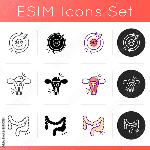 Stomach pain icons set. Chronic abdominal pain. Endometriosis. Constipation. Ovaries, fallopian tubes. Recurring condition. Linear, black and RGB color styles. Isolated vector illustrations