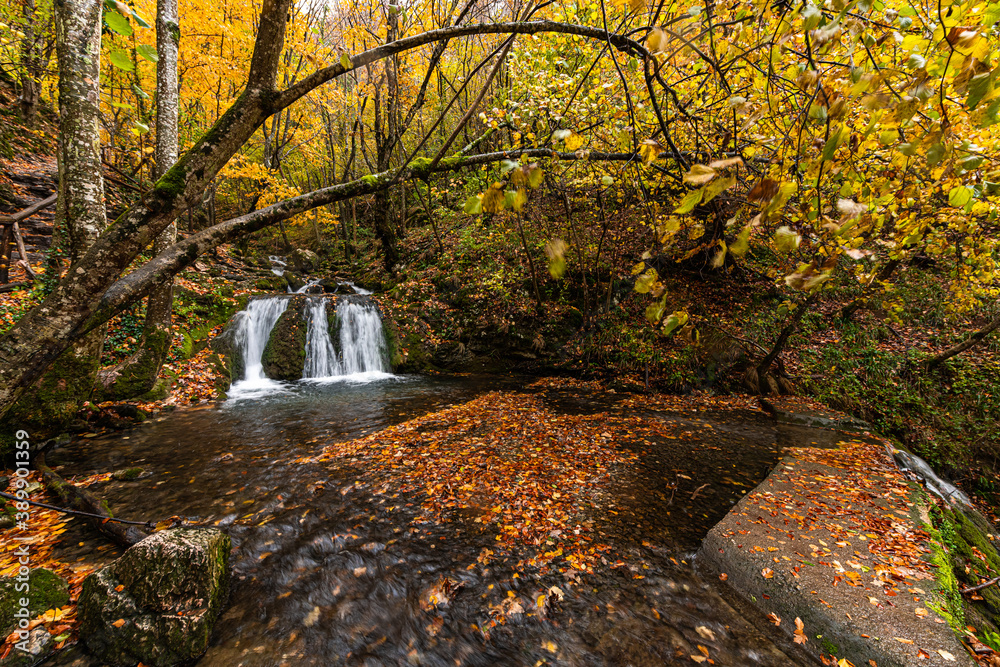 Wide angle view of a river with small waterfalls in the heart of a forest - autumn view with great fall colors