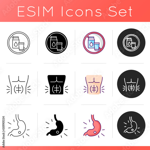 Abdominal pain icons set. Lactose intolerance. Abdominal muscle strain. Gastritis. Stomach ulcer. Full rupture. Dairy products. Linear, black and RGB color styles. Isolated vector illustrations