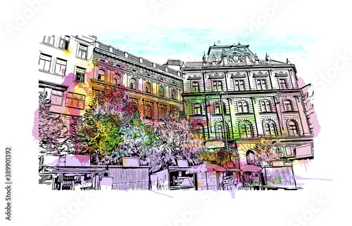Building view with landmark of Brno is a city in the Czech Republic. Watercolor splash with hand drawn sketch illustration in vector.