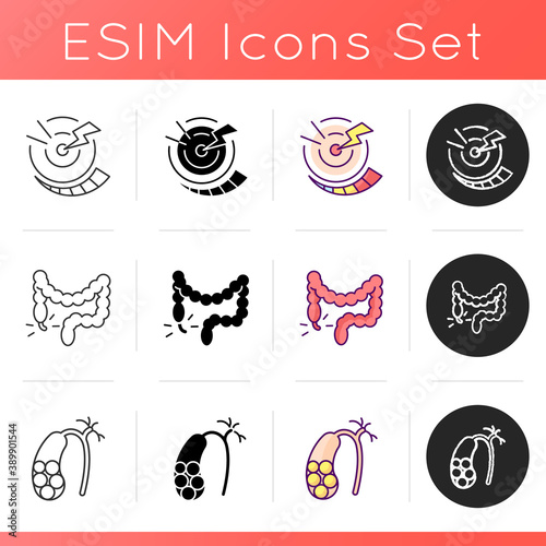 Abdominal pain icons set. Digestive system. Appendicitis. Gallstones. Abdominal inflammation. Cholelithiasis. Swollen belly. Linear, black and RGB color styles. Isolated vector illustrations