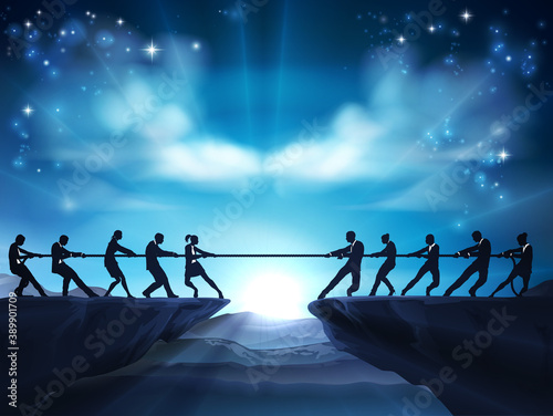 A tug of war rope pulling silhouette business people concept with teams struggling against each other on a cliff top