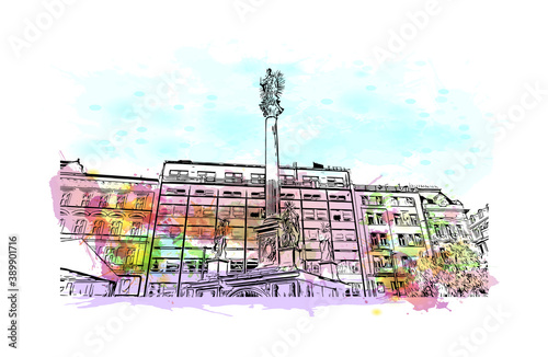 Building view with landmark of Brno is a city in the Czech Republic. Watercolor splash with hand drawn sketch illustration in vector.