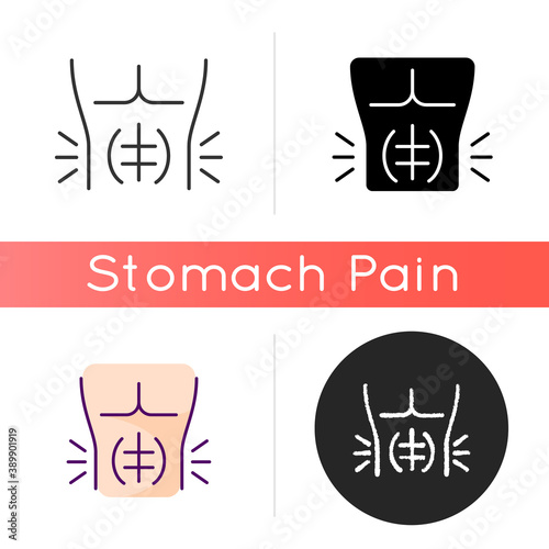 Abdominal muscle strain icon. Full rupture. Mild stretch. Pulled stomach muscle. Tear. Injury. Strengthening exercises. Swelling. Linear black and RGB color styles. Isolated vector illustrations photo