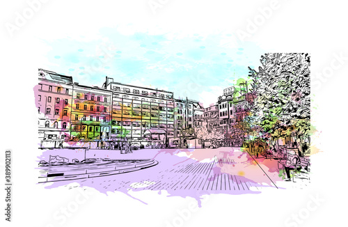 Building view with landmark of Brno is a city in the Czech Republic. Watercolor splash with hand drawn sketch illustration in vector.