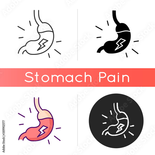 Indigestion icon. Dyspepsia. Upset stomach. Burning sensation in belly. Discomfort in upper abdomen. Gastrointestinal tract. Linear black and RGB color styles. Isolated vector illustrations