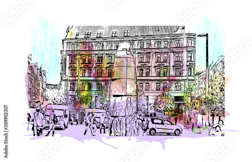 Building view with landmark of Brno is a city in the Czech Republic. Watercolor splash with hand drawn sketch illustration in vector.