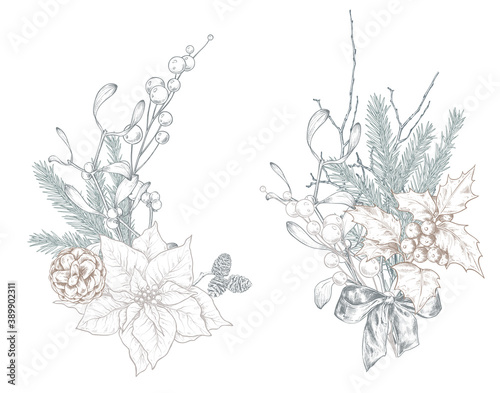 Vector Christmas floral arrangements for greeting card or invitation with hand drawn winter plants, pine cones, flowers