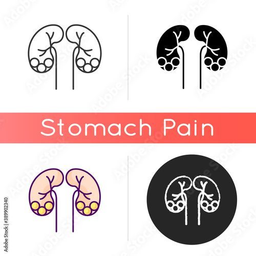 Kidney stone disease icon. Dissolved minerals and salts. Urolithiasis. Blocked ureter. Waste products in blood. Kidney infection. Linear black and RGB color styles. Isolated vector illustrations