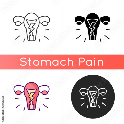 Menstrual cramps icon. Dysmenorrhea. Throbbing, aching pain. Lower belly. Dull, continuous ache. Menstruation symptom. Womens health. Linear black and RGB color styles. Isolated vector illustrations