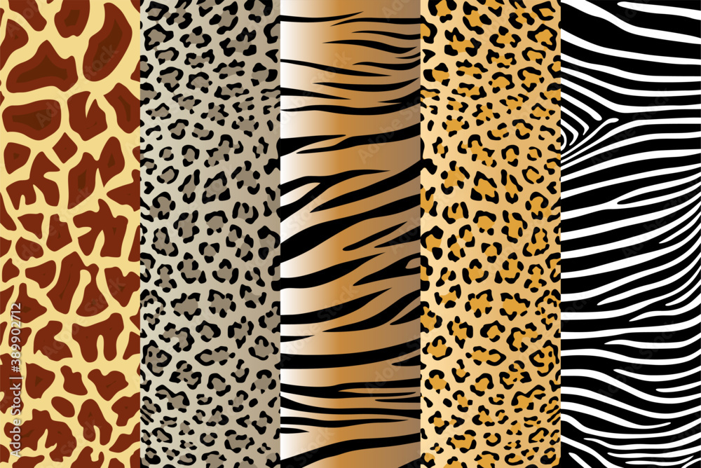 Vector illustration set of five different seamless animal patterns. Safari  textile concept. Tiger, zebra, leopard, jaguar and giraffe skin seamless  patterns in flat style for your design. Stock Vector | Adobe Stock