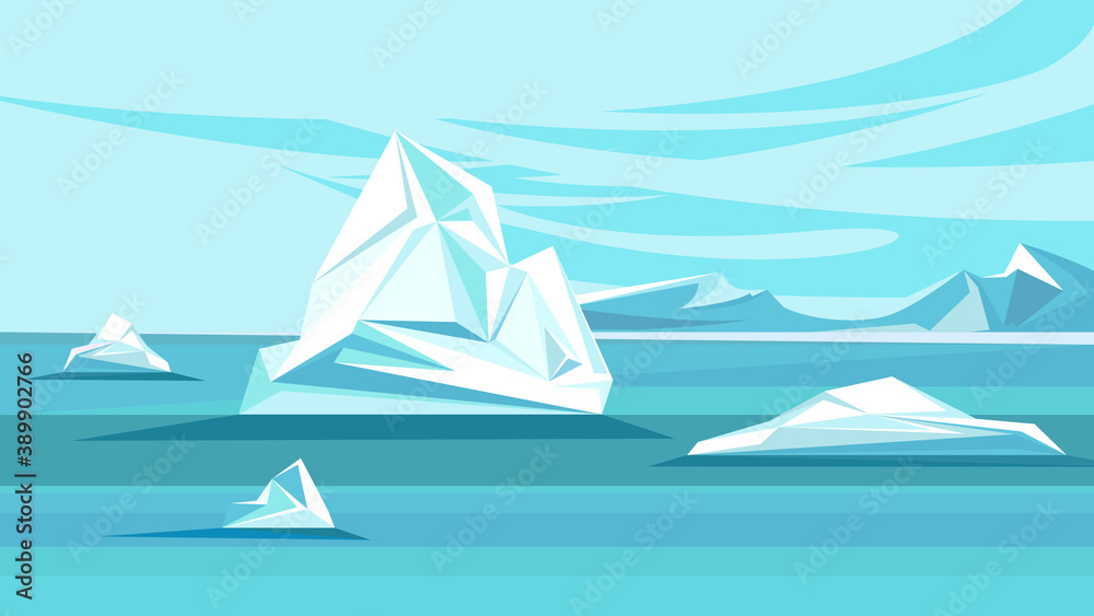 North Pole with melting icebergs. Arctic Ocean.