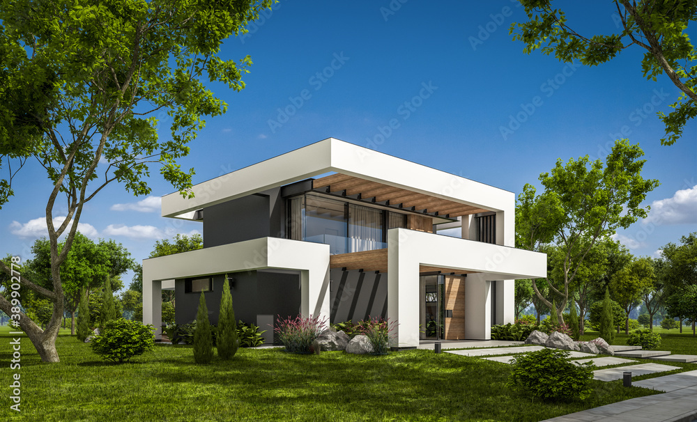 3d rendering of modern cozy house with pool and parking for sale or rent in luxurious style and beautiful landscaping on background. Summer sunny day with clear blue sky.