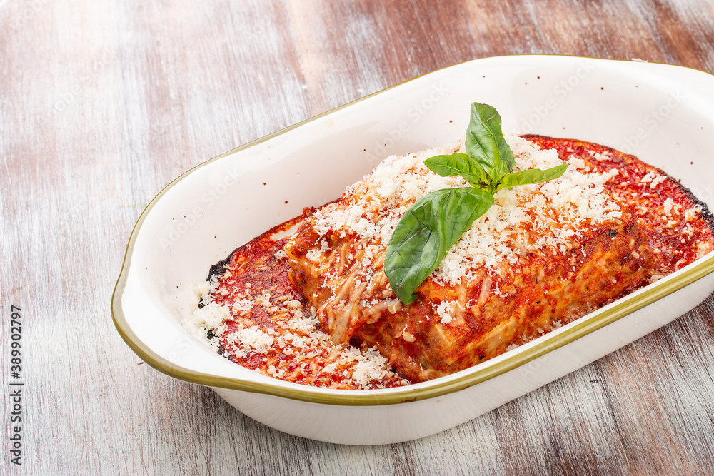 Lasagna. Traditional Italian dish. With minced meat and parmesan Lasagna. Traditional Italian dish. With minced meat and parmesan