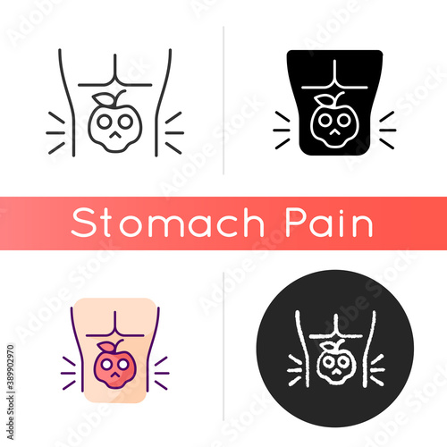 Food poisoning icon. Foodborne illness. Stomachache sickness. Cramping. Eating contaminated food. Chronic digestive problems. Linear black and RGB color styles. Isolated vector illustrations