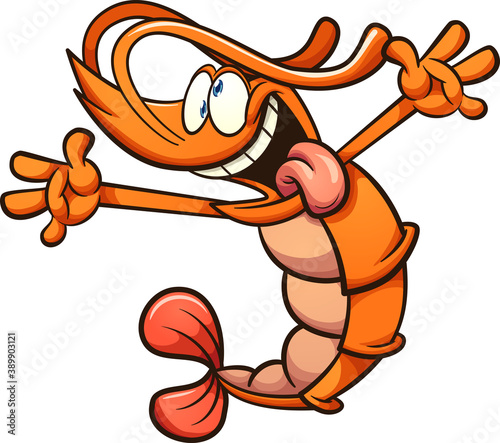 Crazy cartoon shrimp with extended arms and tongue out. Vector clip art illustration with simple gradients. All on a single layer. 
