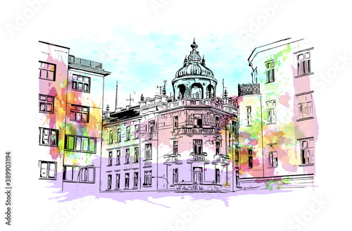 Building view with landmark of Brno is a city in the Czech Republic. Watercolor splash with hand drawn sketch illustration in vector.