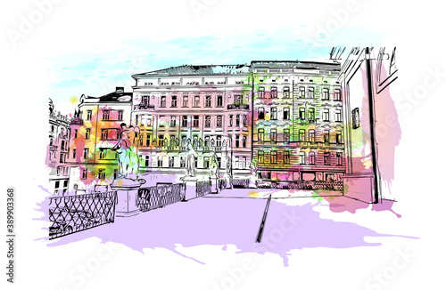 Building view with landmark of Brno is a city in the Czech Republic. Watercolor splash with hand drawn sketch illustration in vector.