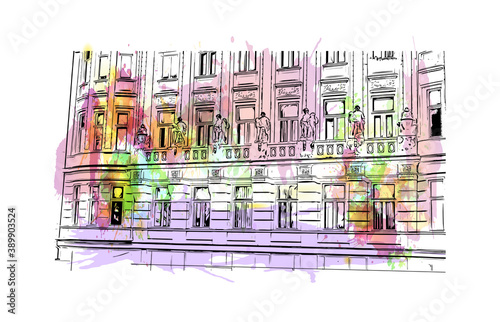 Building view with landmark of Brno is a city in the Czech Republic. Watercolor splash with hand drawn sketch illustration in vector.