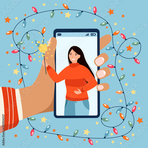 Christmas and New Year online celebration using mobile phone. Christmas new normal concept with hand holding telephone during video call. Party online, video call. Vector illustration.