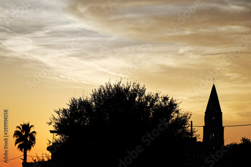 view of an silhouette church tower and palm against a sunset sky