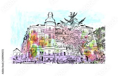 Building view with landmark of Brno is a city in the Czech Republic. Watercolor splash with hand drawn sketch illustration in vector.