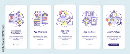 UI and UX design steps onboarding mobile app page screen with concepts. Information building architecture walkthrough 5 steps graphic instructions. UI vector template with RGB color illustrations