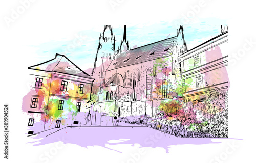 Building view with landmark of Brno is a city in the Czech Republic. Watercolor splash with hand drawn sketch illustration in vector.
