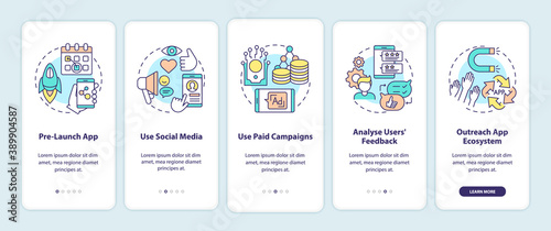 App marketing tips onboarding mobile app page screen with concepts. Pre launch app showing walkthrough 5 steps graphic instructions. UI vector template with RGB color illustrations